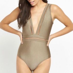 TED BAKER One Piece Deep V Swimsuit Khaki Size 10
